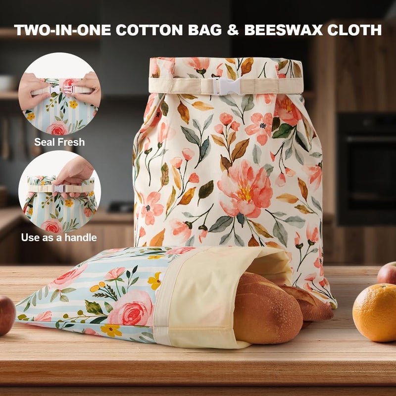 Augine Beeswax Bread Bag, 2 Pack Sourdough Bread Bags, Reusable Bread Bags for Homemade Bread, Organic Cotton Beeswax Sourdough Bags, Wildwood Bloom Series - Image 4